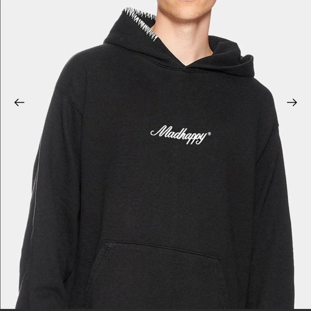 mad happy black hooded sweatshirt with white stitching